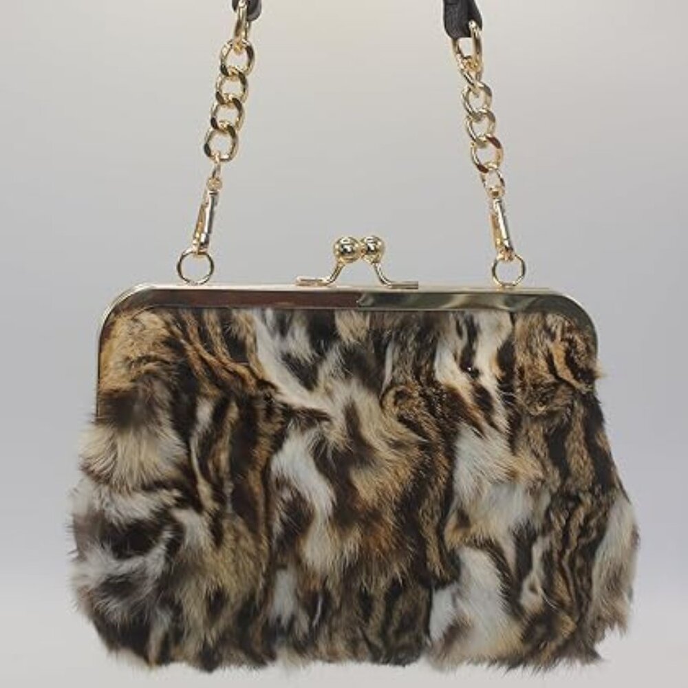 Neiman Marcus Mink Fur Brown Tiger Print Clutch Bag